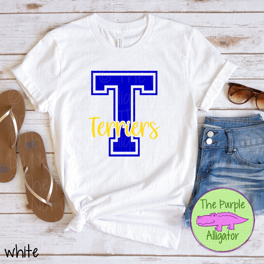 T Titusville Terriers 2 Color Initial Spirit Wear | Varsity Letter School Mascot Shirt 0124 TPA