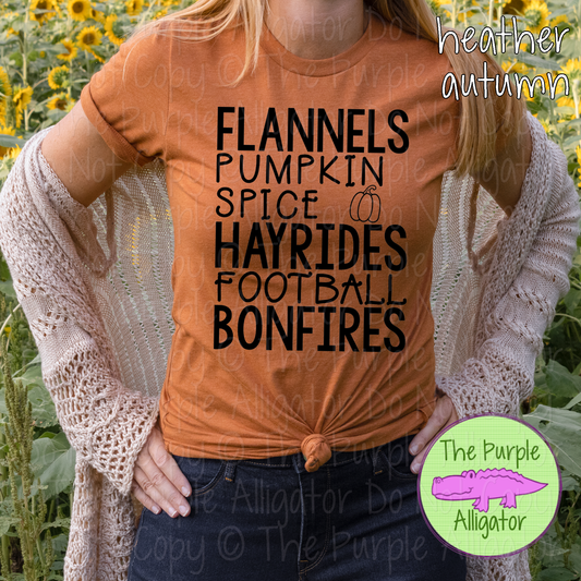 Fall Words Fall Favorites Graphic Shirt, Flannels Pumpkin Spice Hayrides Football Bonfires 0919 TPA