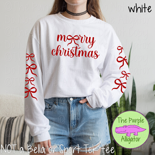 Merry Christmas with Bows Shirt, Coquette Christmas Apparel, Bow Christmas Sweatshirt with Sleeve Design, Holiday Apparel 1225 TIJ
