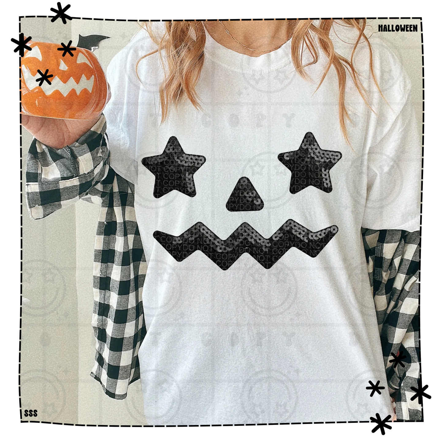 Pumpkin Face Star Eyes Faux Sequin WEEKLY DROP