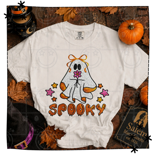 Spooky Ghost With Flower Bow Faux Sequin With Pink & Orange Stars WEEKLY DROP