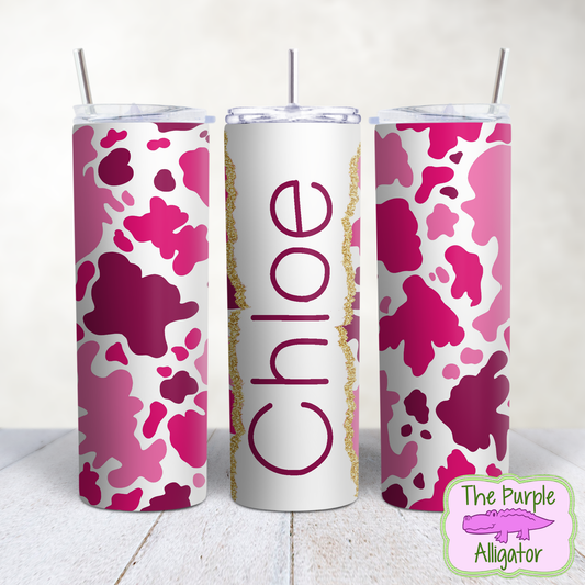 All the Pinks Cow Spots 63 Gold Glitter Name Personalized (TWD) 20oz Tumbler