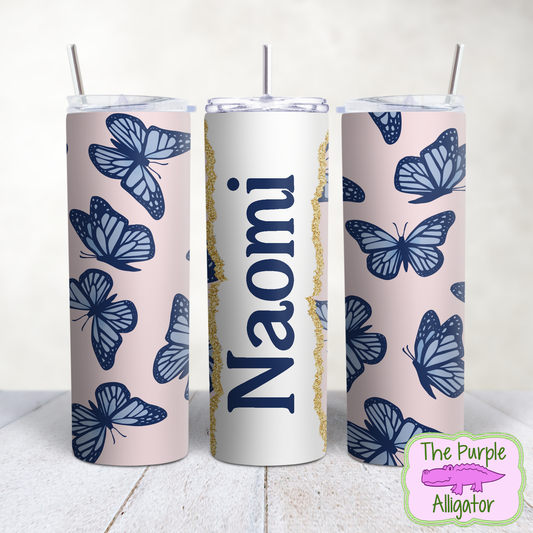 Blue Butterflies on Blush 56 Gold Glitter Name Personalized (TWD) 20oz Tumbler