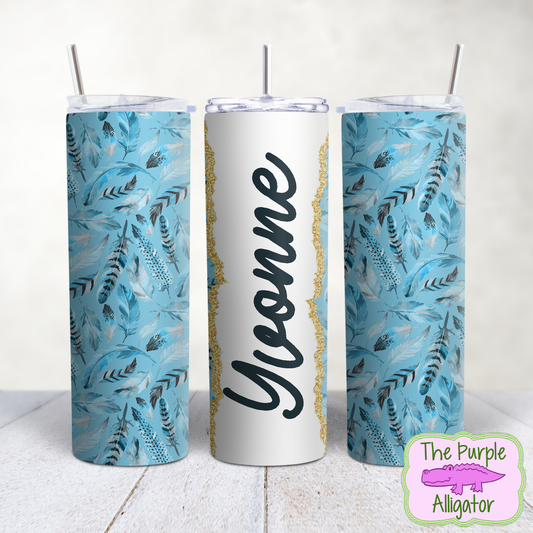 Blue Feathers 274 Gold Glitter Name Personalized (TWD) 20oz Tumbler