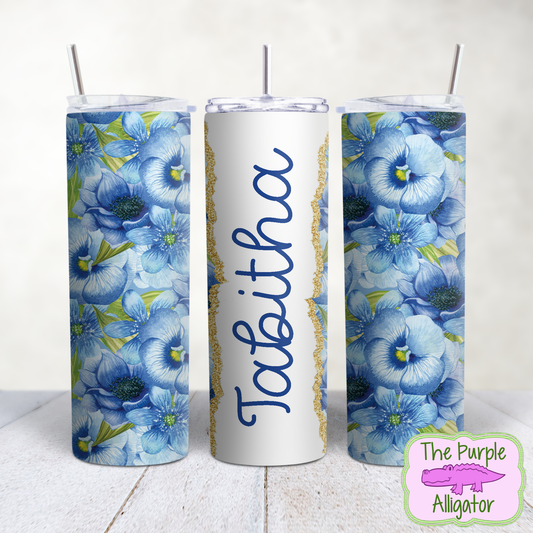 Blue Pansies 39 Gold Glitter Name Personalized (TWD) 20oz Tumbler
