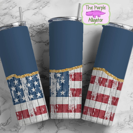 Blue Rustic Planks US Flag 26 Gold Agate Split (TWD) 20oz Tumbler