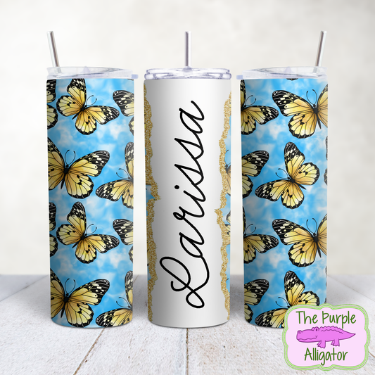 Blue Sky Yellow Butterflies 43 Gold Glitter Name Personalized (TWD) 20oz Tumbler