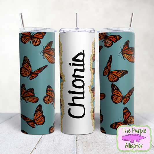 Boho Butterflies Dusty Turquoise 42 Gold Glitter Name Personalized (TWD) 20oz Tumbler
