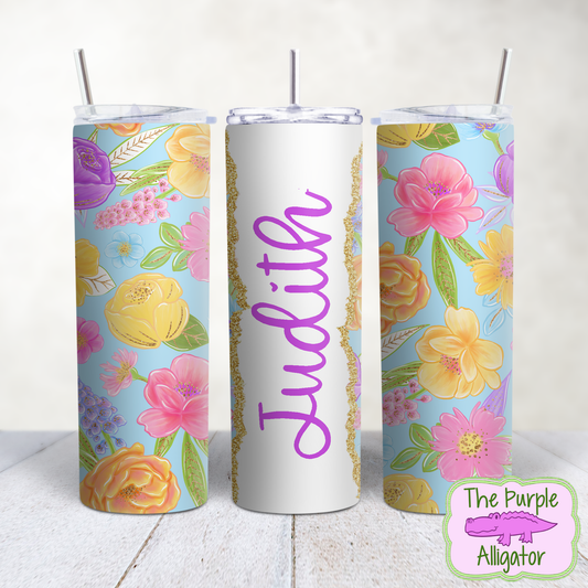 Bright Pastel Floral on Blue 259 Gold Glitter Name Personalized (TWD) 20oz Tumbler