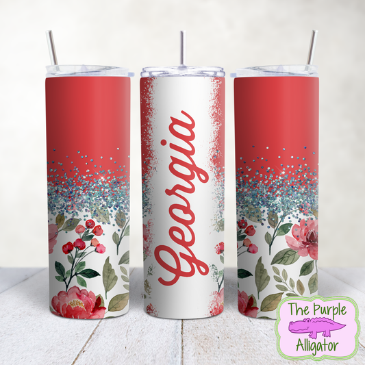 Bright Red Floral 120 Glitter Split Name Personalized (TWD) 20oz Tumbler