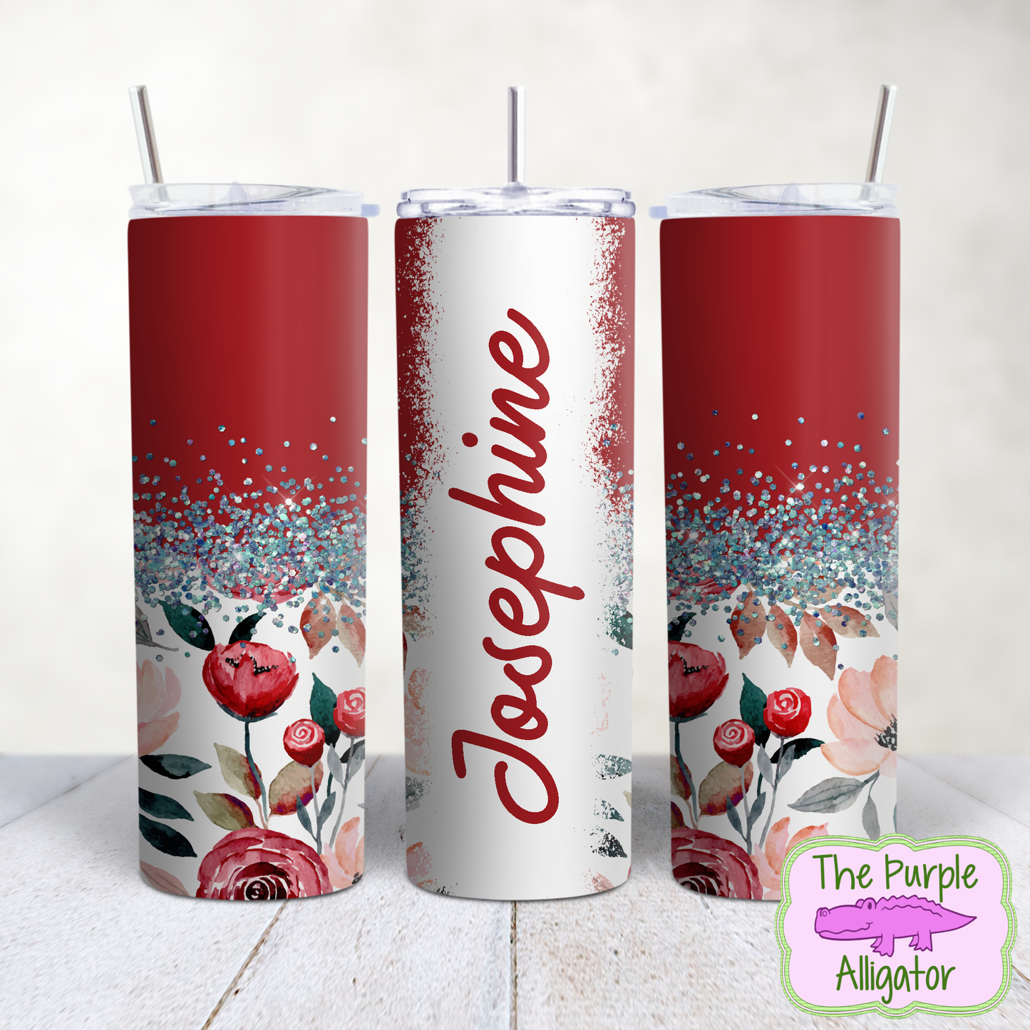 Deep Red Floral 133 Glitter Split Name Personalized (TWD) 20oz Tumbler