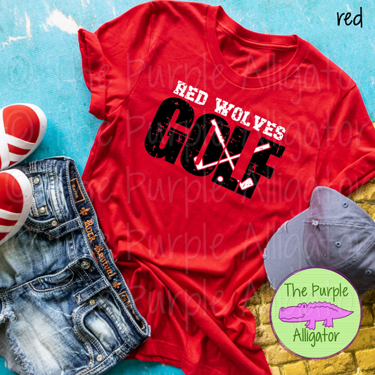 Red Wolves DISTRESSED Golf SC2 Mascot School Spirit - CHOOSE YOUR DESIGN COLORS (d2f TPA)