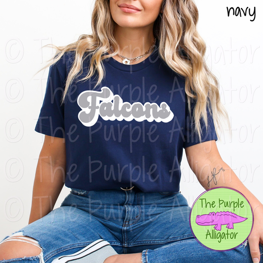 Falcons 3D Mascot Retro Script Spirit Wear Design for Teachers, Students and Fans - CHOOSE YOUR DESIGN COLORS (d2f TPA)