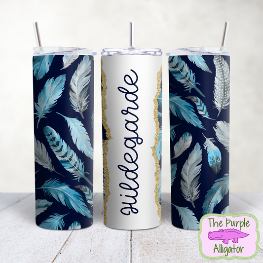 Feathers on Dark Blue 277 Gold Glitter Name Personalized (TWD) 20oz Tumbler