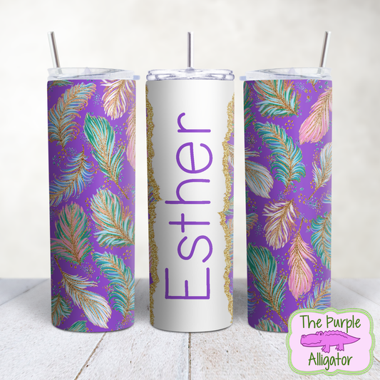 Feathers on Purple 161 Gold Glitter Name Personalized (TWD) 20oz Tumbler