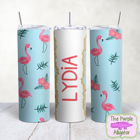 Flamingos & Flowers on Blue 77 Gold Glitter Name Personalized (TWD) 20oz Tumbler
