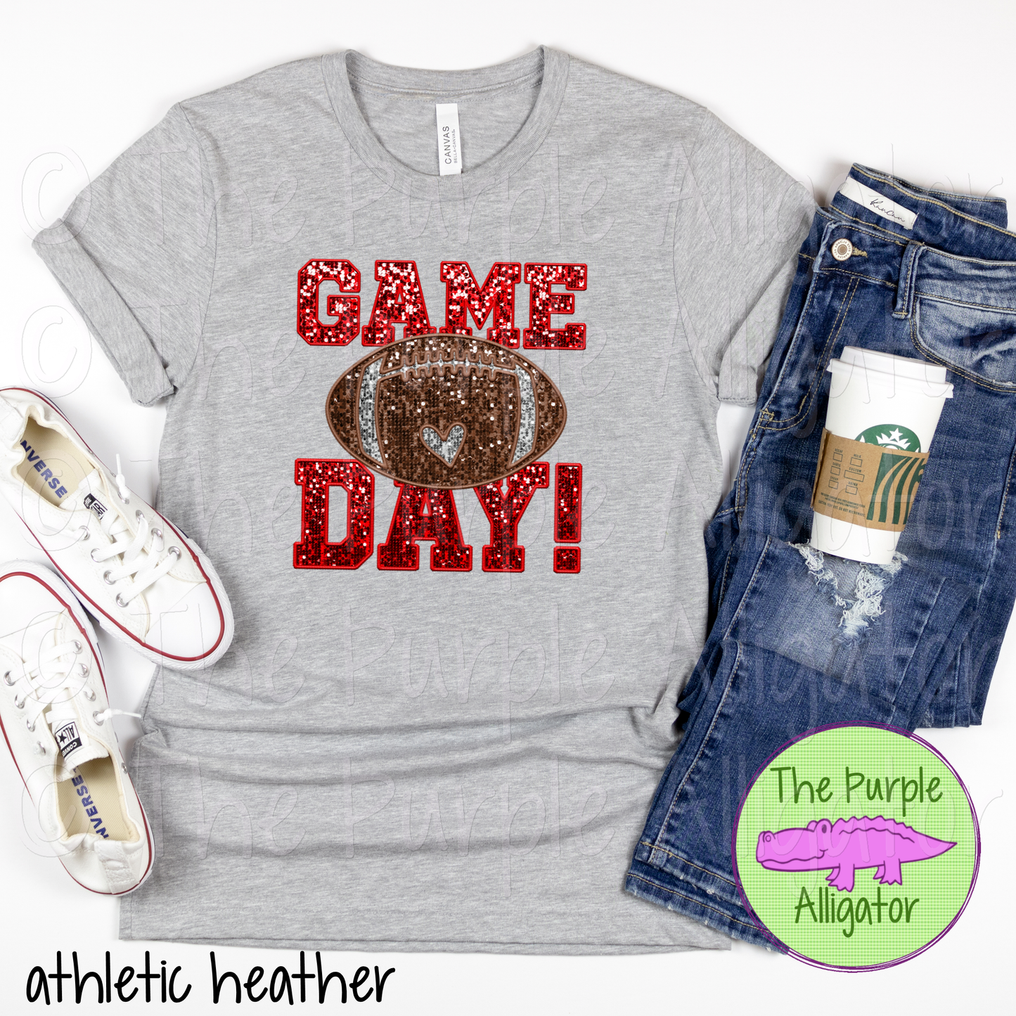 Football Game Day Red Faux Sequin Faux Embroidery (d2f TPA)