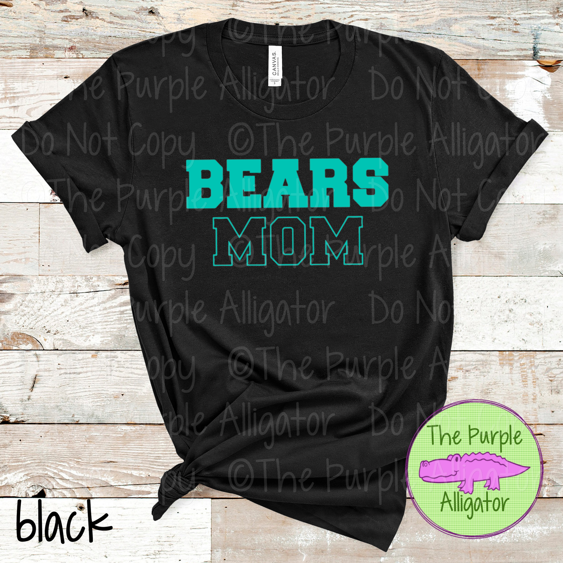 Custom Mom Flip Side design from The Outline Series – varsity block mascot lettering with outlined “mom” detail in school colors, spirit wear by The Purple Alligator