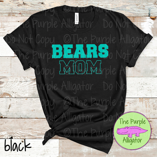 Custom Mom Flip Side design from The Outline Series – varsity block mascot lettering with outlined “mom” detail in school colors, spirit wear by The Purple Alligator