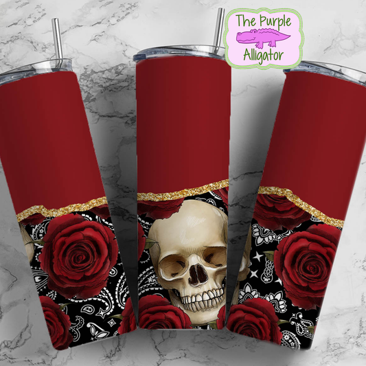 Goth Red Roses & Skull 19 Gold Agate Split (TWD) 20oz Tumbler