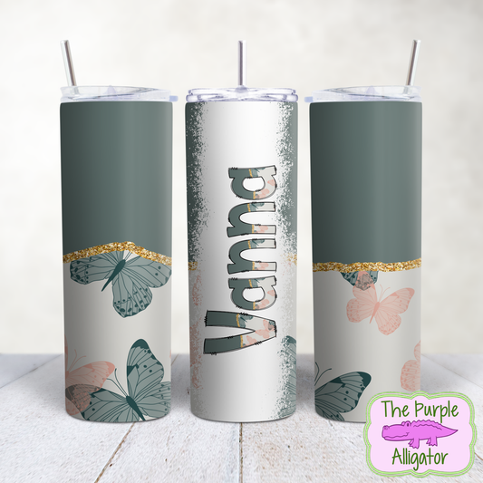 Gray Green Butterfly 40 Split Alpha Doodle Name Personalized (TWD) 20oz Tumbler