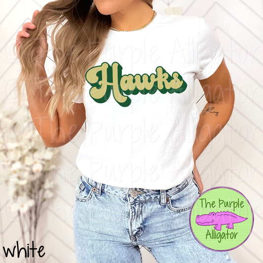 Hawks 3D Mascot Retro Script Spirit Wear Design for Teachers, Students and Fans - CHOOSE YOUR DESIGN COLORS (d2f TPA)