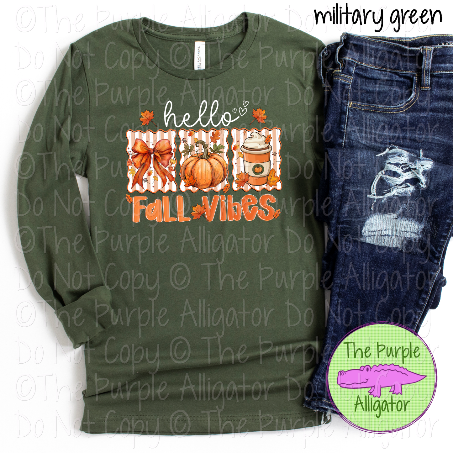 Hello Fall Vibes | Cozy Seasonal Tee with Pumpkin, Bow & Coffee Icons 0725 (D2F DD)