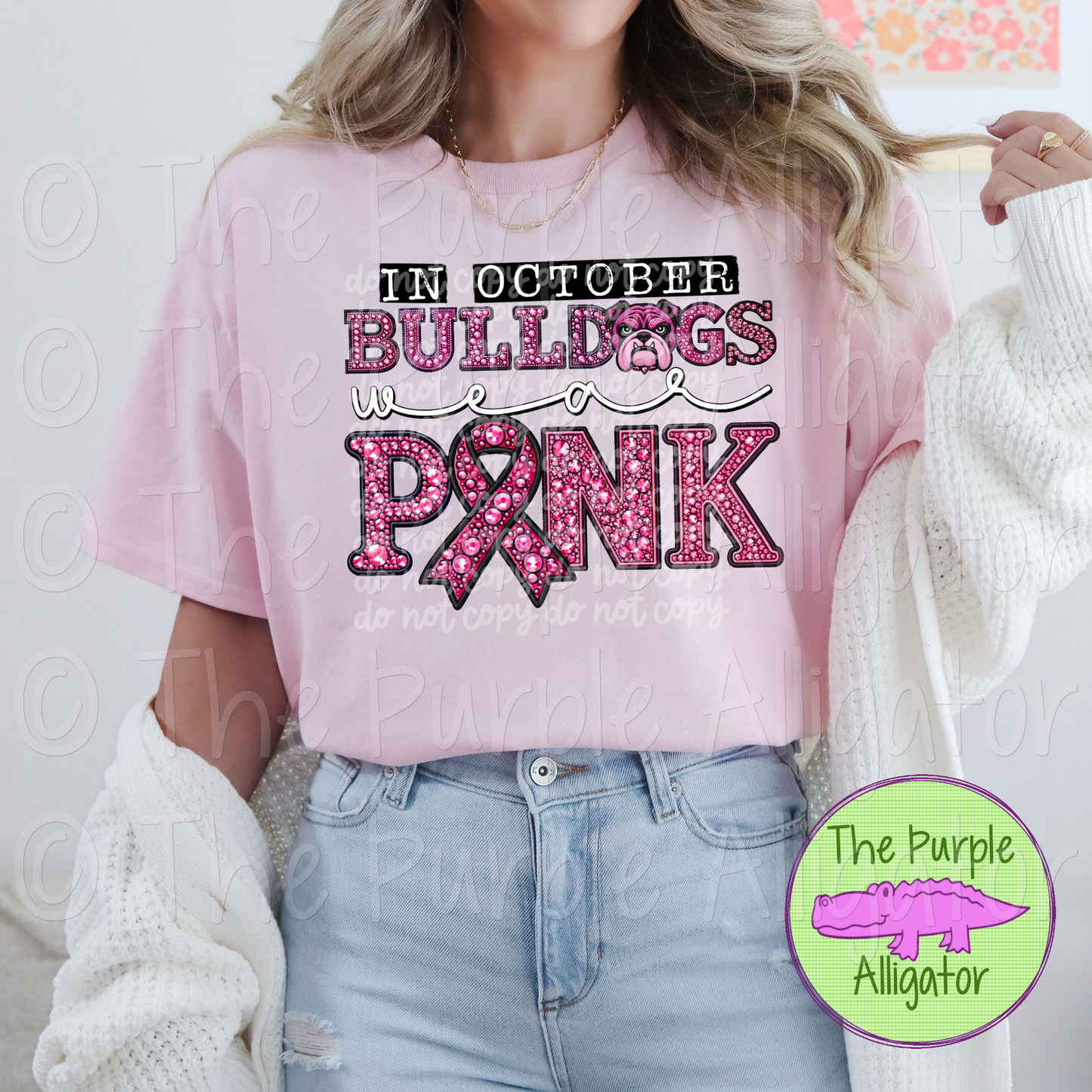 In October Bulldogs Wear Pink BCA Faux Rhinestone Pink Out Mascot School Spirit 0824 (d2f PHDC)