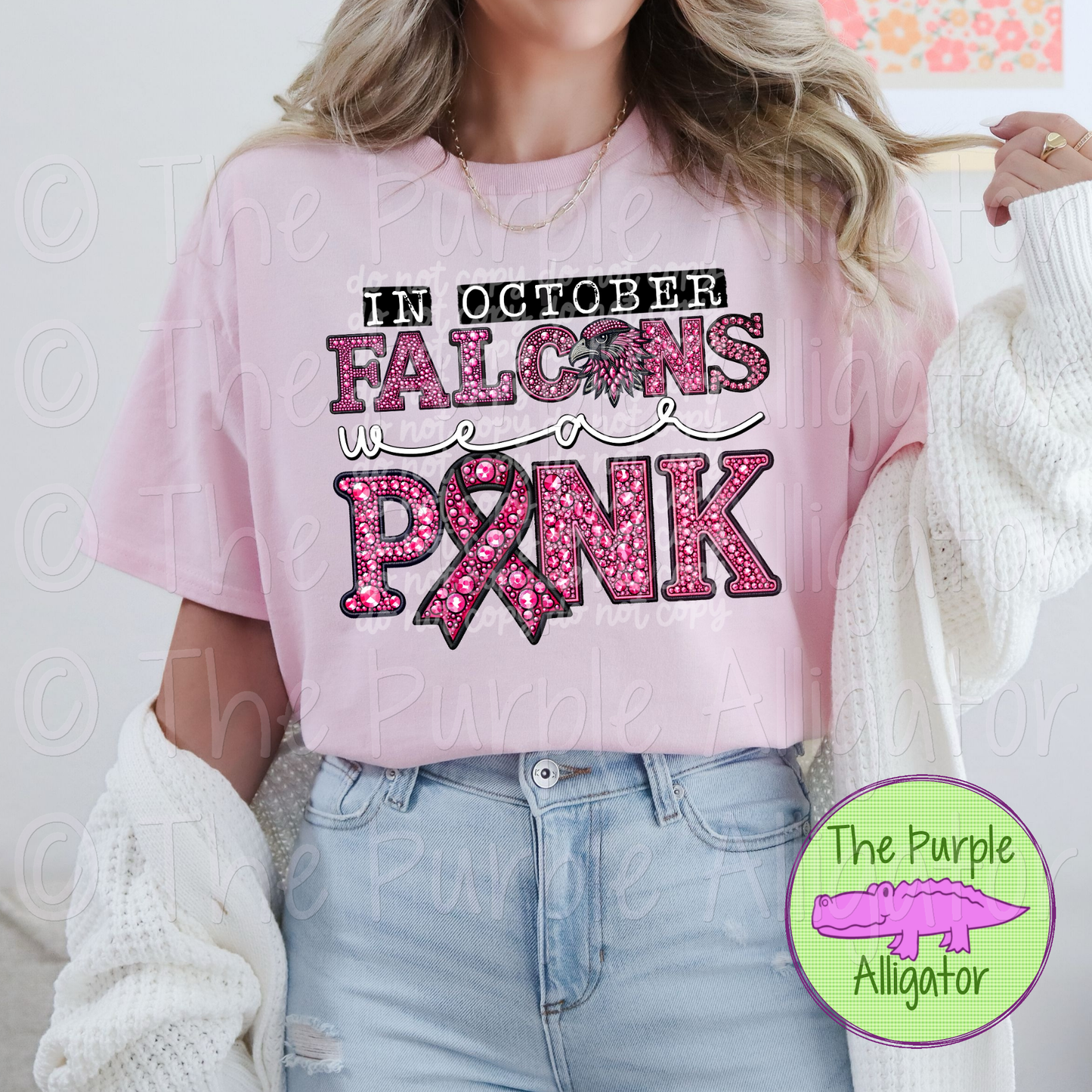 In October Falcons Wear Pink BCA Faux Rhinestone Pink Out Mascot School Spirit 0824 (d2f PHDC)