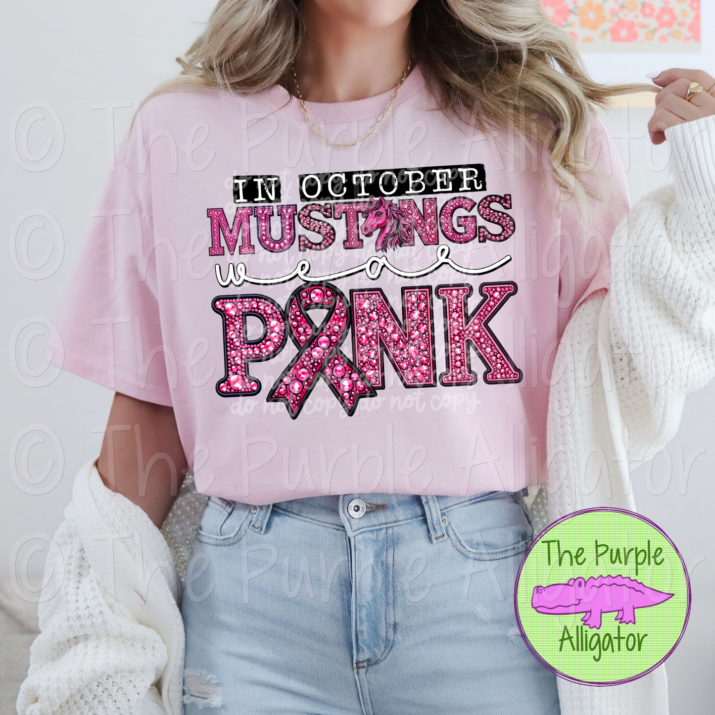 In October Mustangs Wear Pink BCA Faux Rhinestone Pink Out Mascot School Spirit 0824 (d2f PHDC)