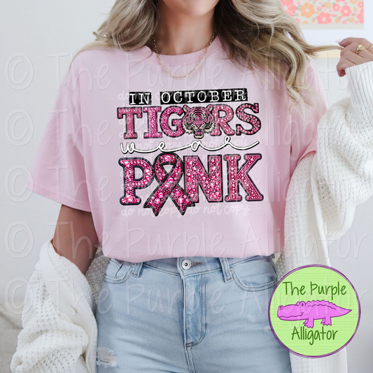 In October Tigers Wear Pink BCA Faux Rhinestone Pink Out Mascot School Spirit 0824 (d2f PHDC)