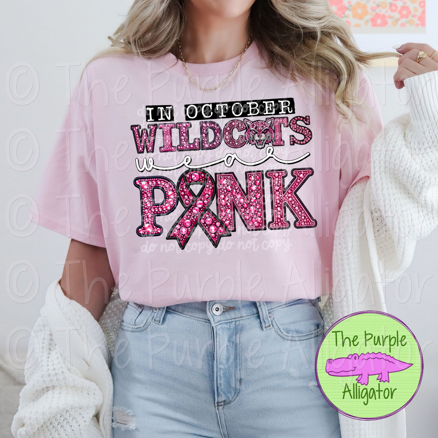 In October Wildcats Wear Pink BCA Faux Rhinestone Pink Out Mascot School Spirit 0824 (d2f PHDC)