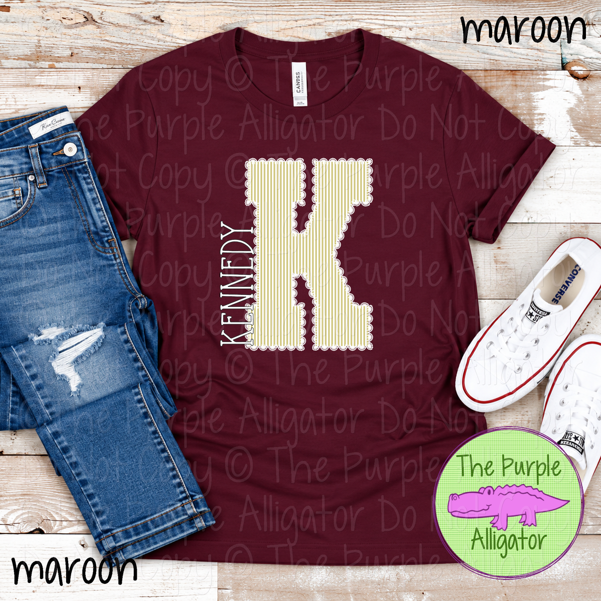 K Kennedy Seersucker & Lace – Custom School Initial Spirit Wear with Lace Detail 1026 TPA
