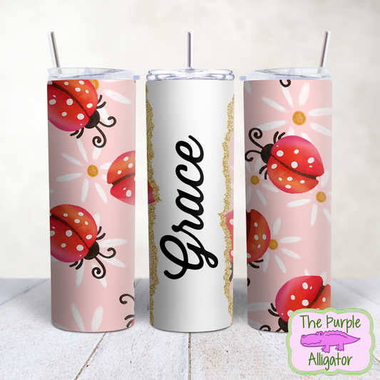 Ladybugs & Daisies on Pink 68 Gold Glitter Name Personalized (TWD) 20oz Tumbler