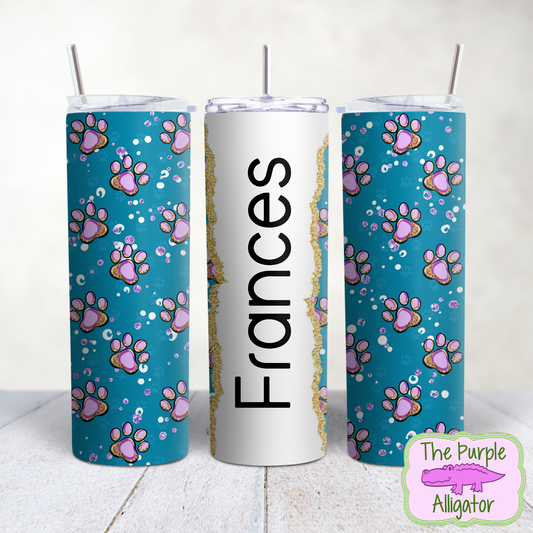 Lilac Paws on Blue 223 Gold Glitter Name Personalized (TWD) 20oz Tumbler
