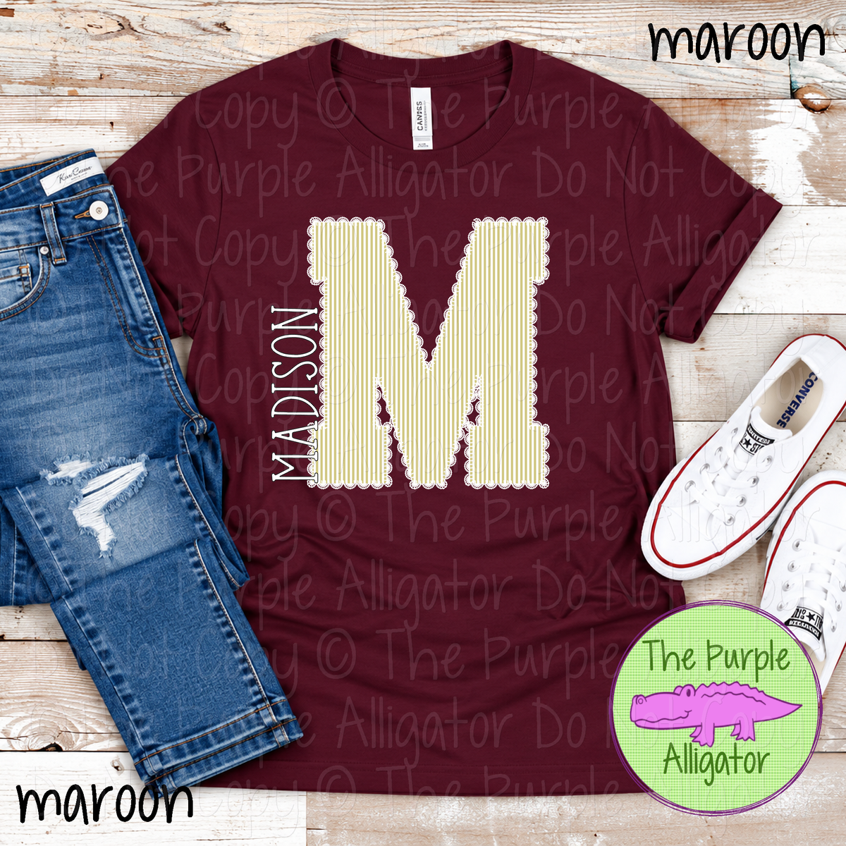 M Madison Seersucker & Lace – Custom School Initial Spirit Wear with Lace Detail 1026 TPA