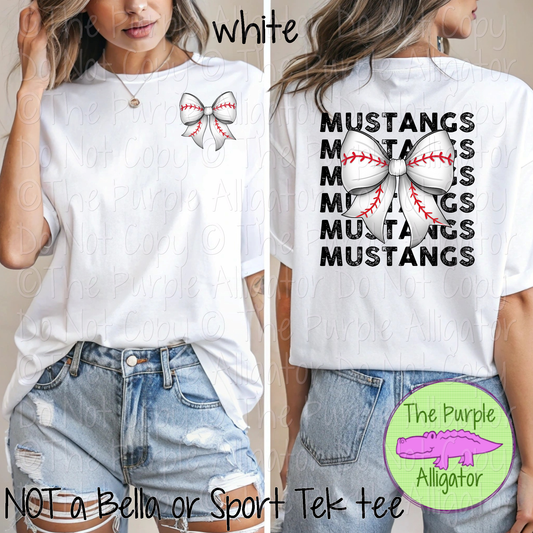 Mustangs Stack Baseball Bow Front/Back Mascot School Spirit Wear Team Gear - CHOOSE YOUR TEXT COLOR - 0525 (d2f TPA)