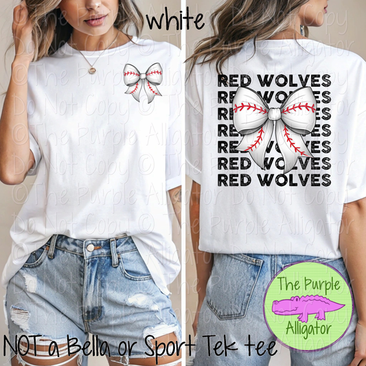 Red Wolves Stack Baseball Bow Front/Back Mascot School Spirit Wear Team Gear - CHOOSE YOUR TEXT COLOR - 0525 (d2f TPA)