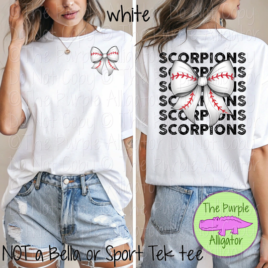 Scorpions Stack Baseball Bow Front/Back Mascot School Spirit Wear Team Gear - CHOOSE YOUR TEXT COLOR - 0525 (d2f TPA)