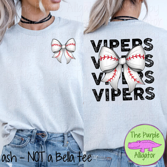 Vipers Stack Baseball Bow Front/Back Mascot School Spirit Wear Team Gear - CHOOSE YOUR TEXT COLOR - 0525 (d2f TPA)