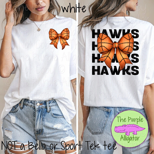 Hawks Stack Basketball Bow Front/Back Mascot School Spirit Wear Team Gear - CHOOSE YOUR TEXT COLOR - 0425 (d2f TPA)