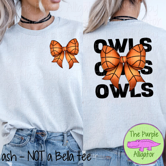 Owls Stack Basketball Bow Front/Back Mascot School Spirit Wear Team Gear - CHOOSE YOUR TEXT COLOR - 0425 (d2f TPA)