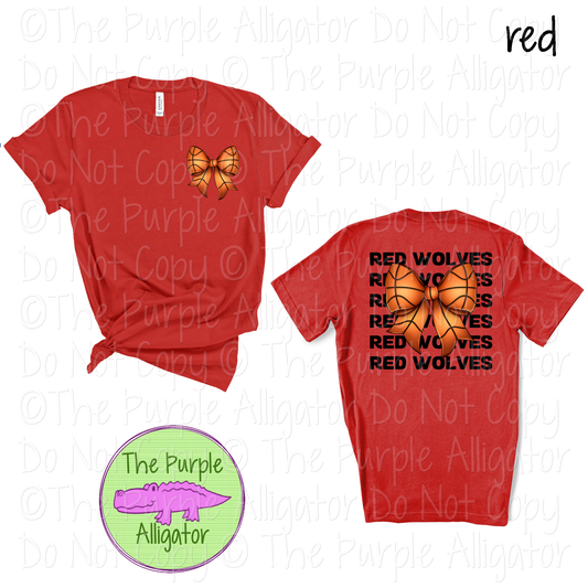 Red Wolves Stack Basketball Bow Front/Back Mascot School Spirit Wear Team Gear - CHOOSE YOUR TEXT COLOR - 0425 (d2f TPA)