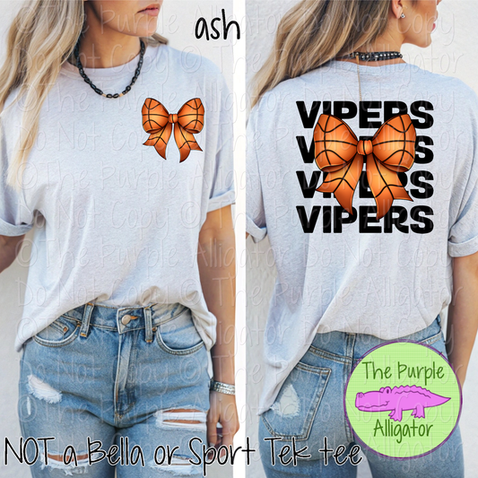 Vipers Stack Basketball Bow Front/Back Mascot School Spirit Wear Team Gear - CHOOSE YOUR TEXT COLOR - 0425 (d2f TPA)