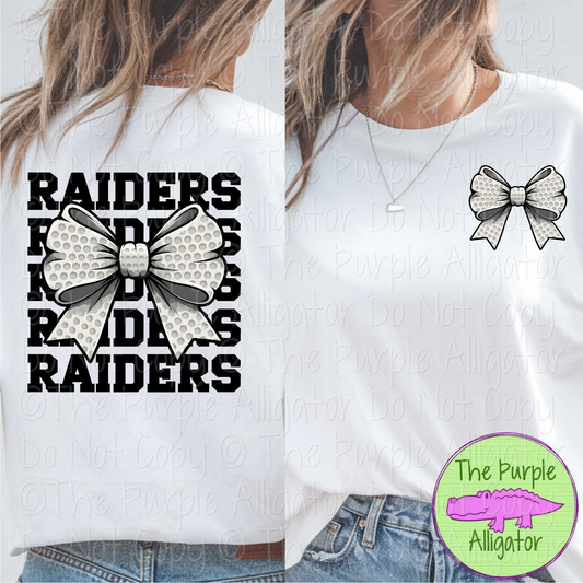 Raiders Stack Golf Bow Front/Back Mascot School Spirit Wear Team Gear - CHOOSE YOUR TEXT COLOR - 0425 (d2f TPA)