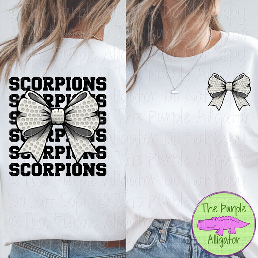 Scorpions Stack Golf Bow Front/Back Mascot School Spirit Wear Team Gear - CHOOSE YOUR TEXT COLOR - 0425 (d2f TPA)