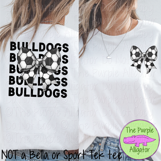 Bulldogs Stack Soccer Bow Front/Back Mascot School Spirit Wear Team Gear - CHOOSE YOUR TEXT COLOR - 0525 (d2f TPA)