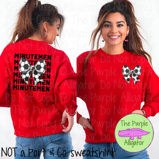 Minutemen Stack Soccer Bow Front/Back Mascot School Spirit Wear Team Gear - CHOOSE YOUR TEXT COLOR - 0525 (d2f TPA)