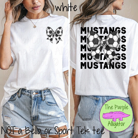 Mustangs Stack Soccer Bow Front/Back Mascot School Spirit Wear Team Gear - CHOOSE YOUR TEXT COLOR - 0525 (d2f TPA)