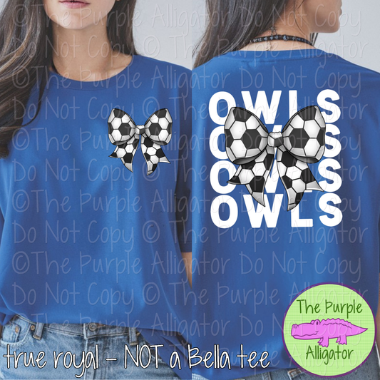 Owls Stack Soccer Bow Front/Back Mascot School Spirit Wear Team Gear - CHOOSE YOUR TEXT COLOR - 0525 (d2f TPA)